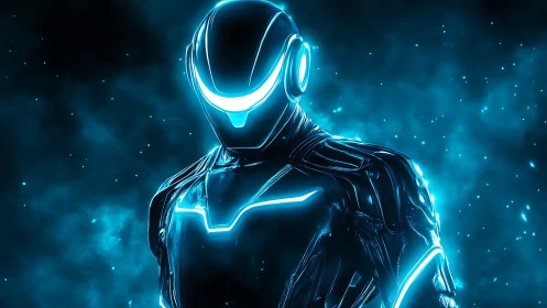 Neon cybernetic warrior stands in radiant blue haze