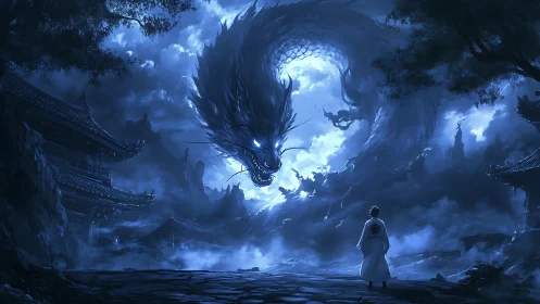Moonlit dragon coils above lone warrior in misty temple