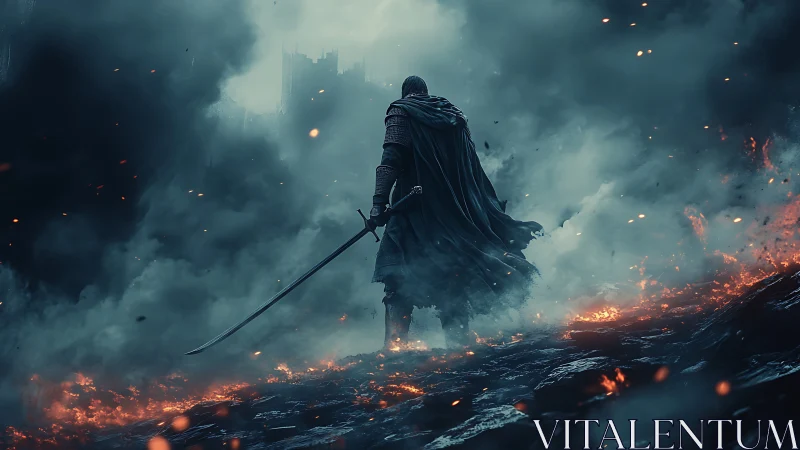 Armored swordsman in volcanic battlefield haze, cinematic backview