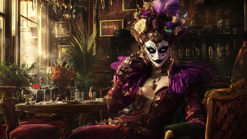 Digital baroque masquerade portrait in opulent salon setting.