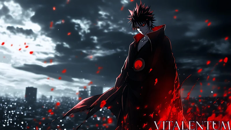 Dark cloaked anime figure over city with red energy field.