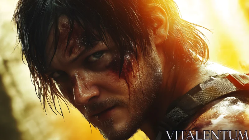 Battle-worn soldier glares through blazing golden sunlight.