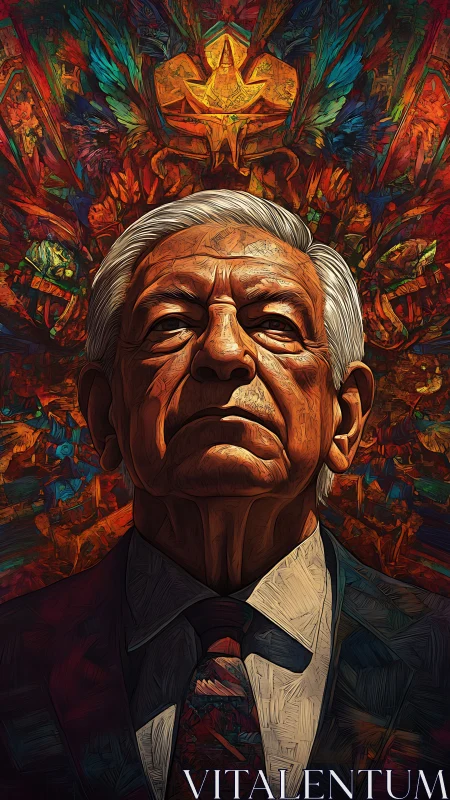 Stoic elder under blazing crown of painted memory.