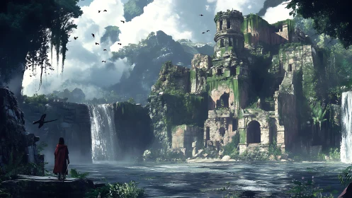 Mystic jungle ruins beside twin waterfalls at dawn.