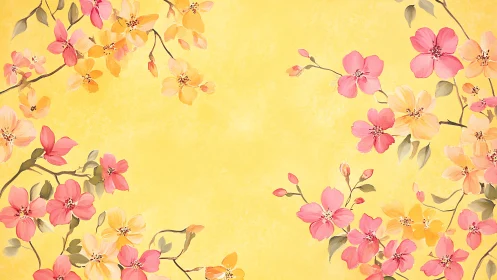 Floral Composition with Pink and Orange Blossoms on Yellow Ground