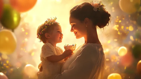 Two Souls Dancing Through Golden Light: Mother and Child in Celestial Bloom