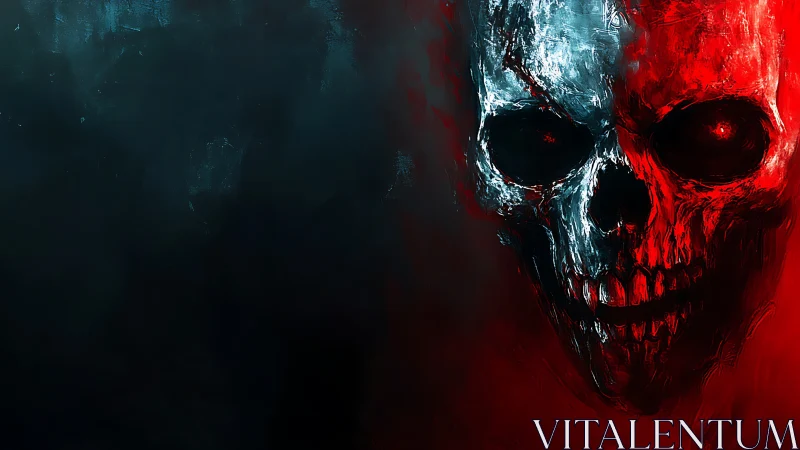 Bipartite skull portrait divides frame with red and blue contrast