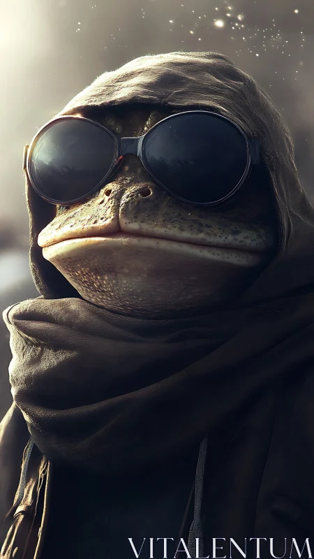 Hooded frog wearing dark goggles stands in soft backlight