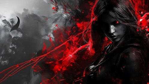 Dark sorceress with red energy in abstract chaos field.