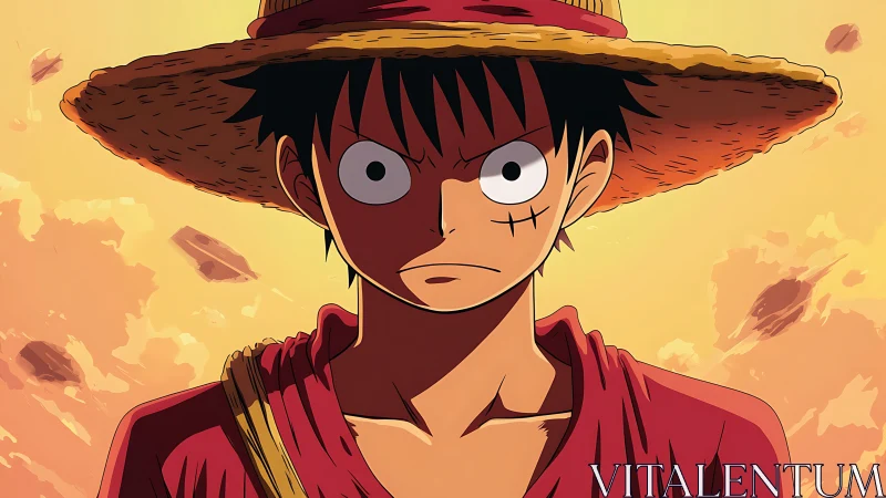 Anime pirate portrait under warm backlit sunset sky