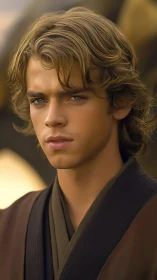 Young robed man in soft golden cinematic portrait lighting.