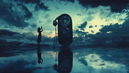 Dreamy shoreline encounter with a giant vintage telephone.