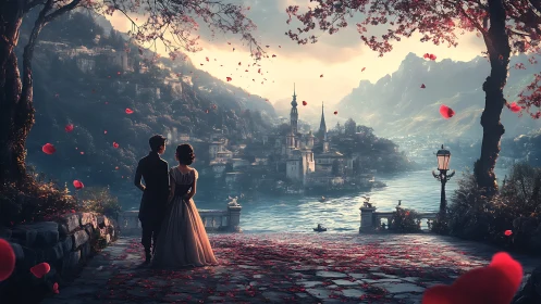 Figures overlooking castle and water landscape with flowering trees.