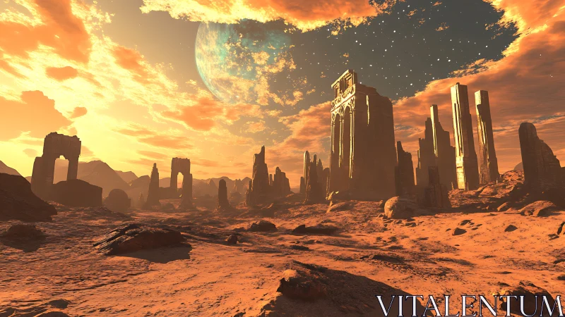 Solar-scorched alien ruins under a hovering turquoise world.