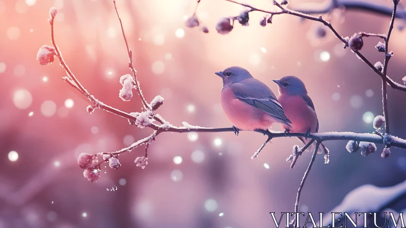 Two Songbirds on Frosty Branch at Dawn, Soft Pastel Winter Scene.