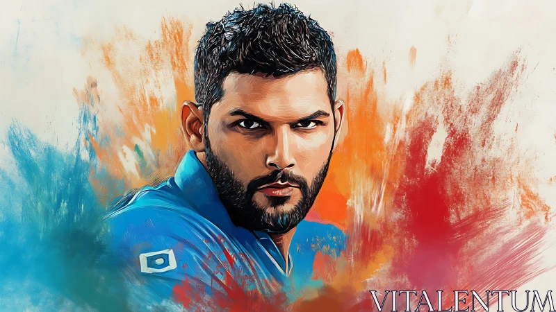 Intense male portrait in blue shirt with bold color bursts.