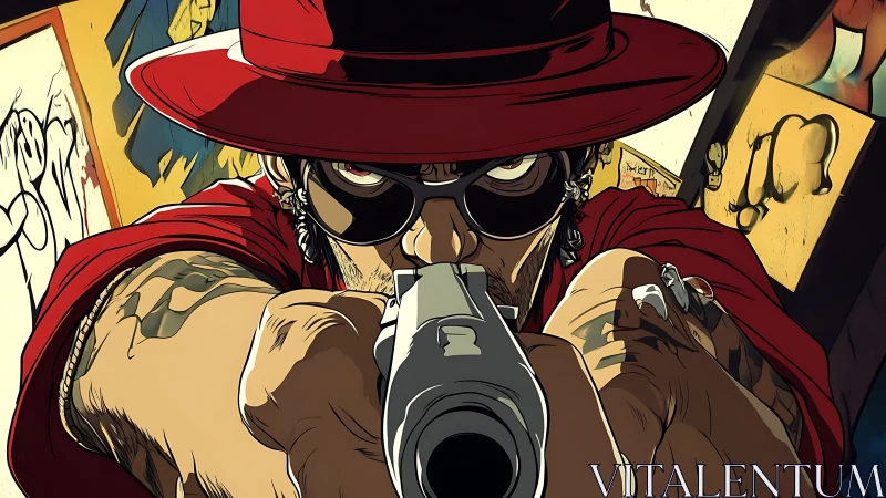 Red-hatted outlaw aims down the barrel in bold comic grit.