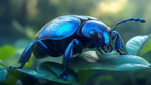 Iridescent macro beetle render on dewy foliage at dawn