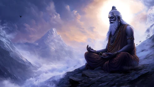 Elderly sage meditating on misty Himalayan mountain ridge.