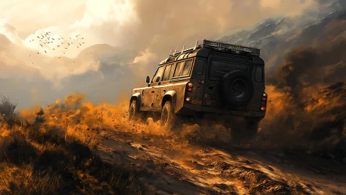 Off‑road utility vehicle ascending dust‑laden mountain track.