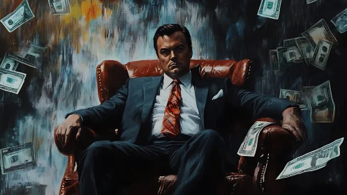 Storm-eyed mogul on a leather throne of falling money.