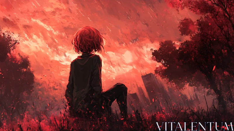 Solitary figure watches burning red city skyline at dusk.