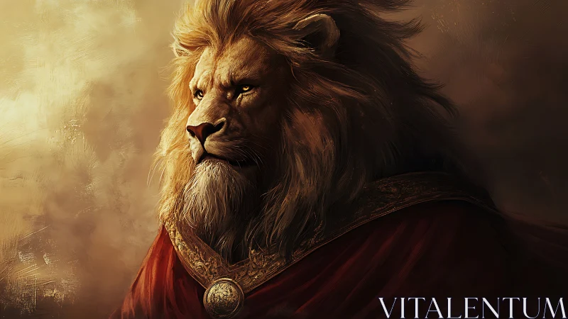 Regal lion portrait in royal cloak and warm light scene.