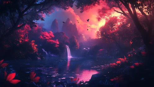 Bioluminescent forest lagoon at dusk with twin waterfalls