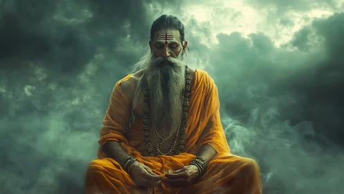 Storm-wreathed sage in saffron robes holding silent thunder.