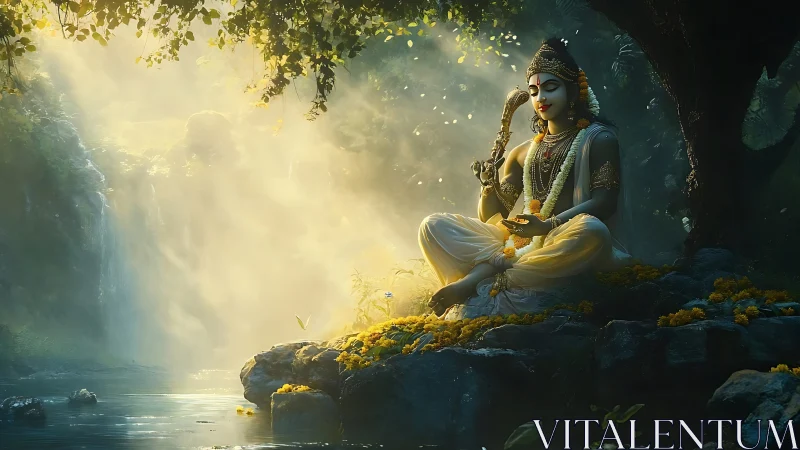 Luminescent forest deity in volumetric waterfall backlight.