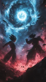 Cosmic warriors clash beneath spiraling blue energy vortex.