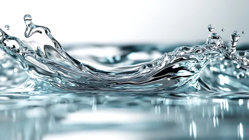 Close-up water splash with suspended droplets on surface.