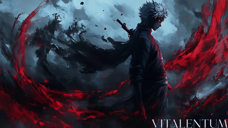 Dark swordsman wreathed in crimson energy swirls at dusk.
