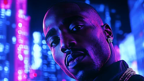 Neon-lit portrait of a man in futuristic city glow.