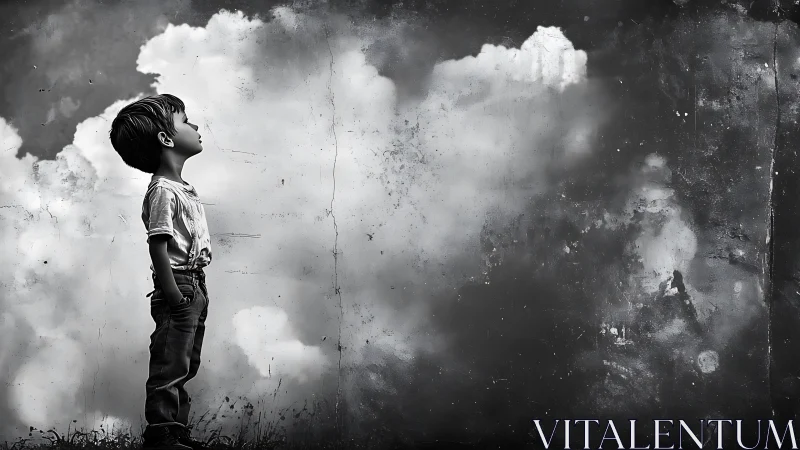 Boy in profile studies clouded sky in dreamy grayscale scene.