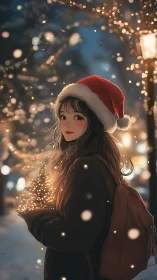 Nocturnal winter portrait with festive bokeh illumination.