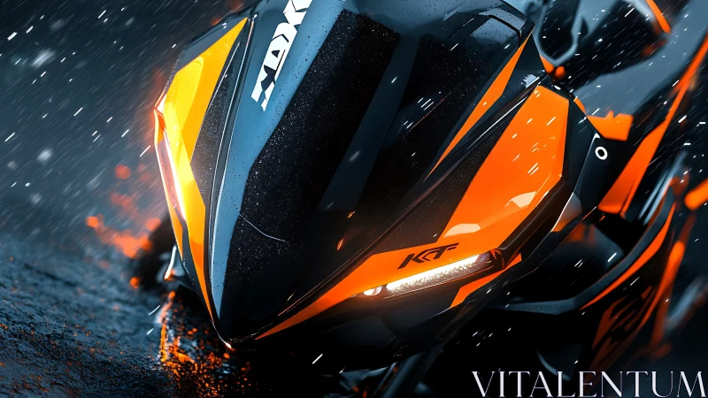 Orange sport motorcycle front fairing in heavy rain.