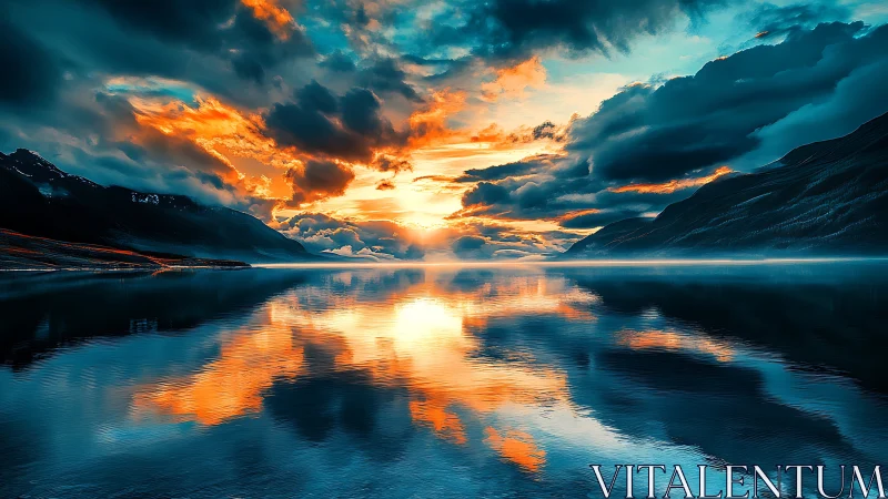 Vivid mountain lake sunset mirrored across still water.