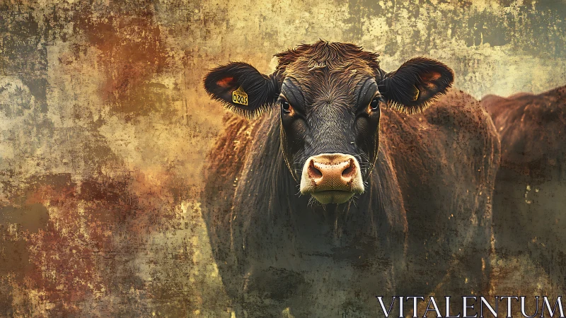 Textured bovine portrait merges rustic realism and painterly grit