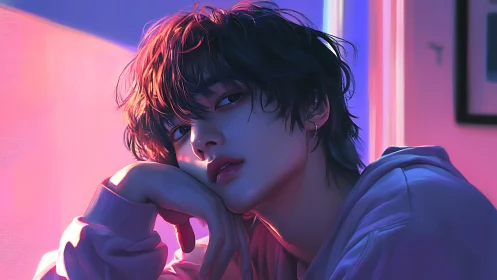 Soft neon glow around a dreamy, thoughtful portrait moment.