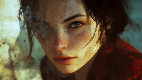 Hyperreal close portrait through stained glass surface