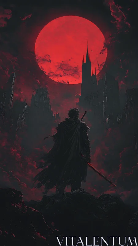 Blood-red moon crowns the lone swordsman over ruined spires