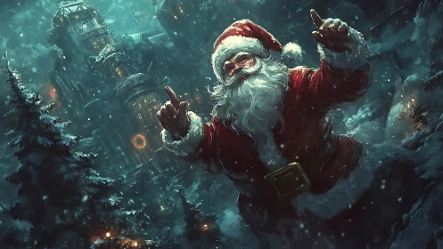 Dramatic digital Santa Claus amid nocturnal snowy citadel scene