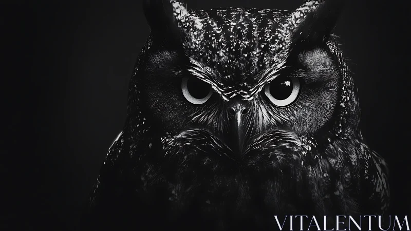 Intense owl portrait in dramatic black and white photography style.