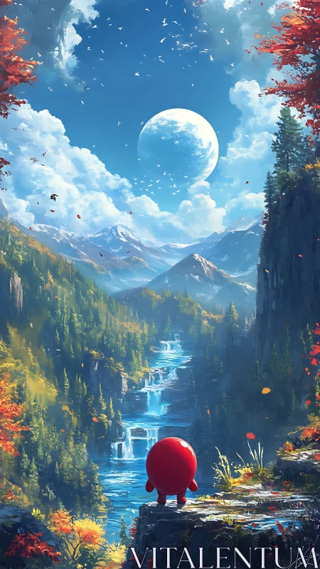 Red figure studies cascading river under vast blue moon