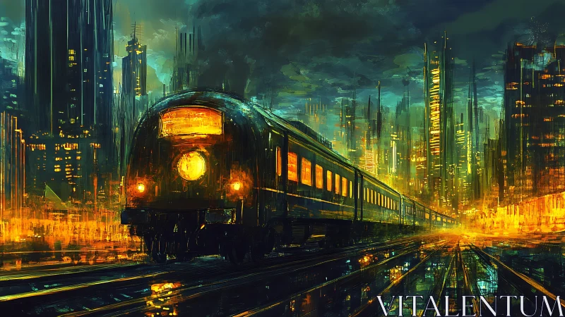 Futuristic passenger train in dense illuminated cityscape.