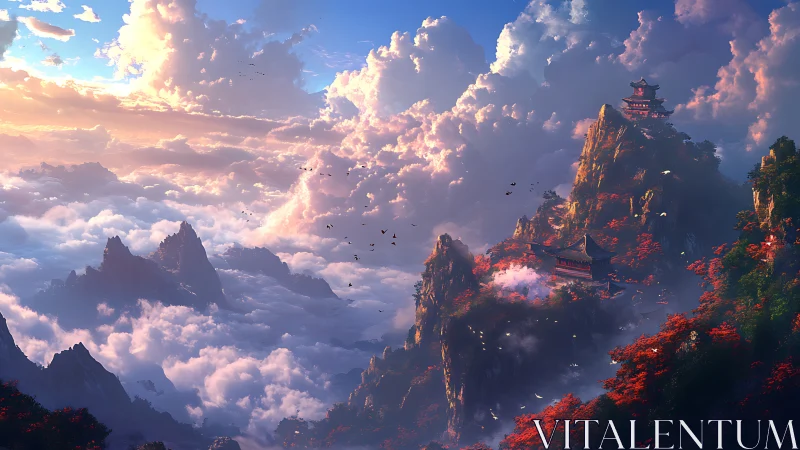 Mountain temples above clouds in dramatic sunset light.