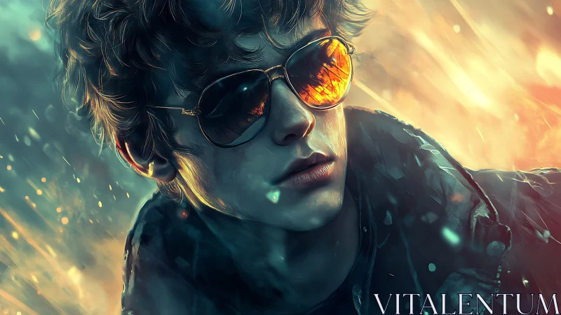 Firelit rebel in mirrored shades outruns the falling sparks.