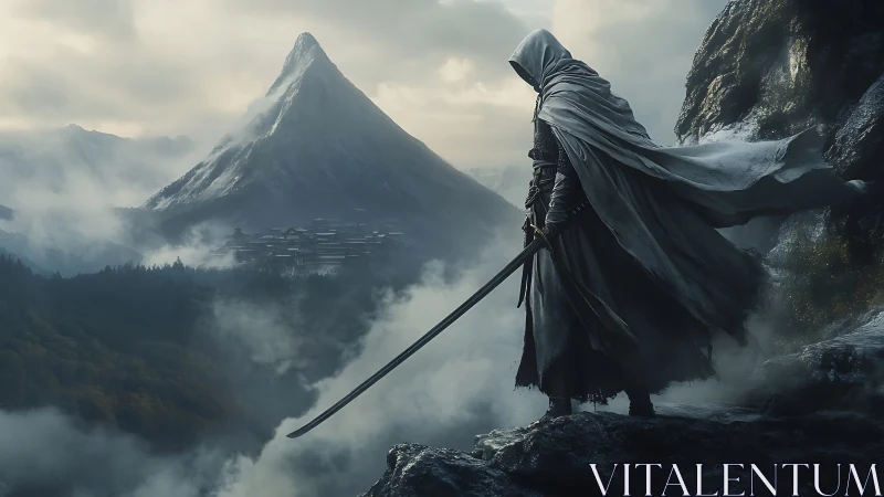 Cloaked swordbearer weighs a mist-wrapped mountain stronghold
