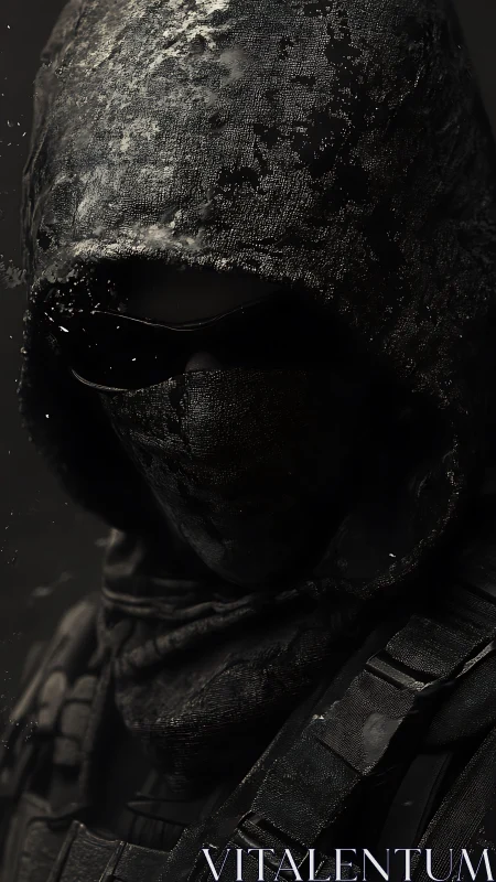 Hooded tactical figure wears goggles and textured mask